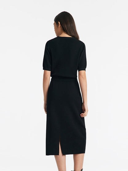 V-Neck Cut-Out Knitted Top And Half Skirt Two-Piece Set