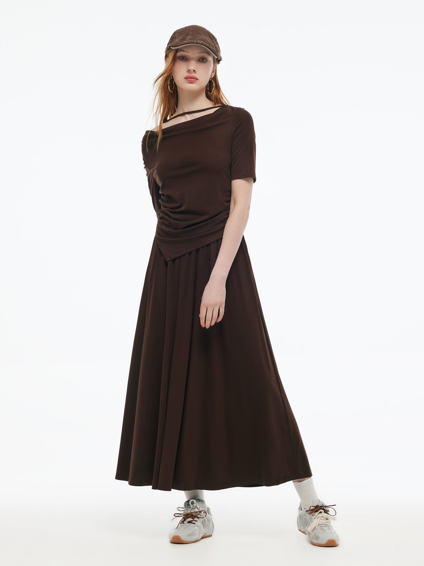 Tencel Blend Stretchy Knit Top And A-Line Skirt Two-Piece Set