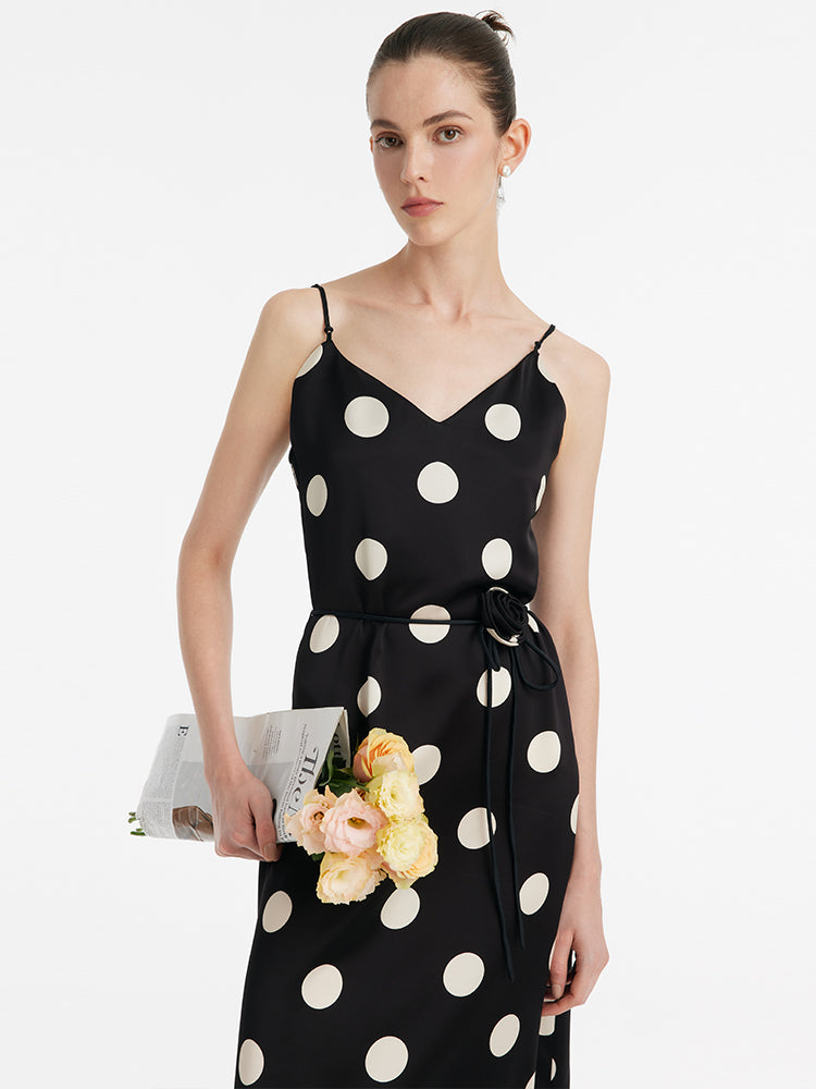 Acetate Polka Dots Print Spaghetti Strap Women Midi Dress With Rose Belt
