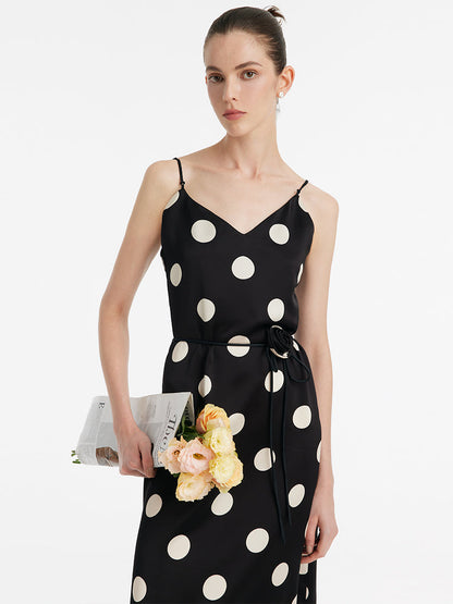 Acetate Polka Dots Print Spaghetti Strap Women Midi Dress With Rose Belt
