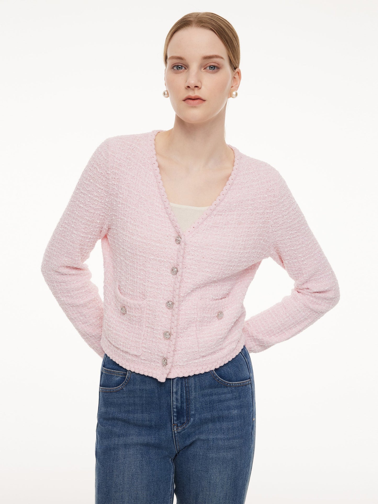 V-Neck Single-Breasted Women Textured Cardigan