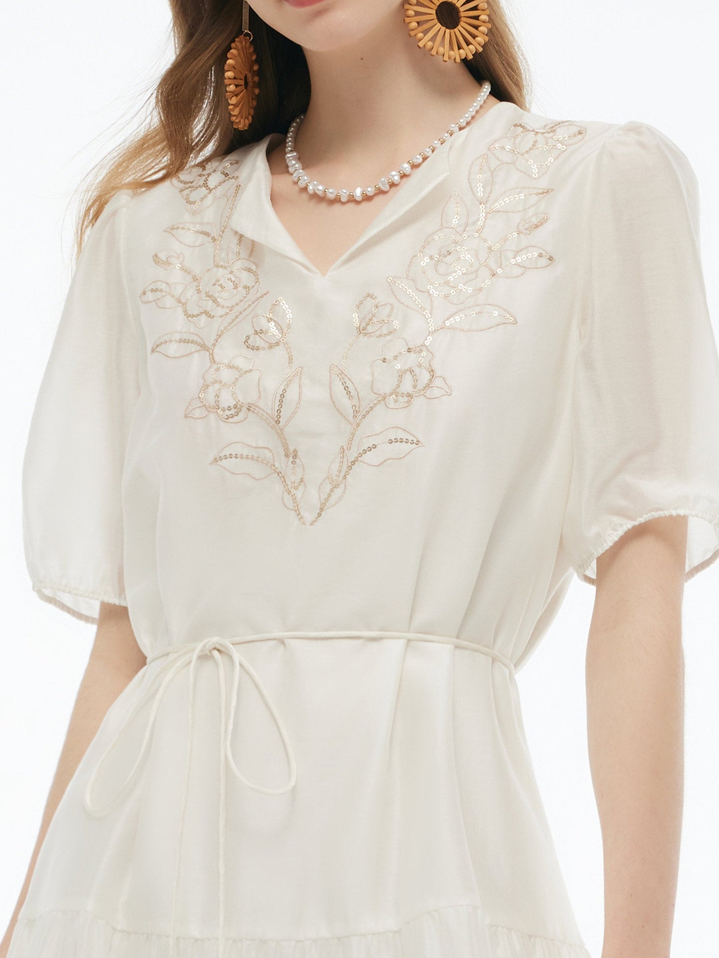 Pre-Order Tencel Blend Sequins Embroidered Women Midi Dress With Tie String Belt