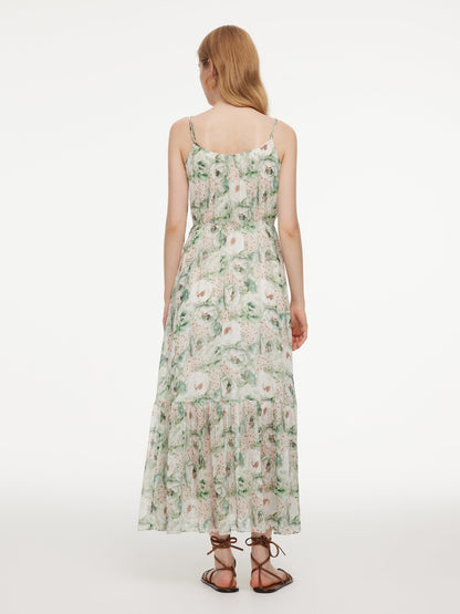 10MM Mulberry Silk Floral Print Women Strap Maxi Dress
