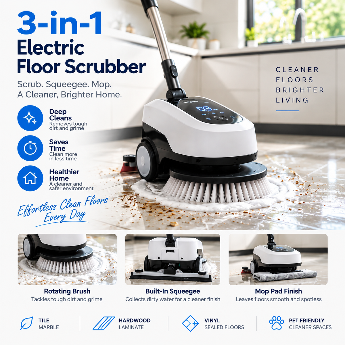 UltraClean 3-in-1 Electric Floor Scrubber – Rotating Brush, Squeegee & Mop Cleaning System