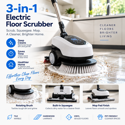 UltraClean 3-in-1 Electric Floor Scrubber – Rotating Brush, Squeegee & Mop Cleaning System