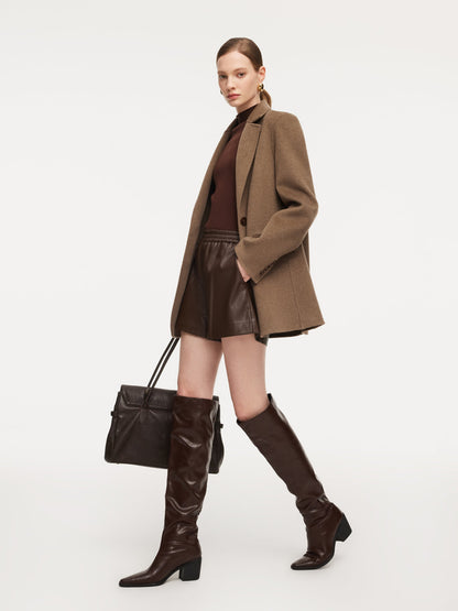 Cashmere Wool Blend Double-Faced Women Blazer With Leather Belt