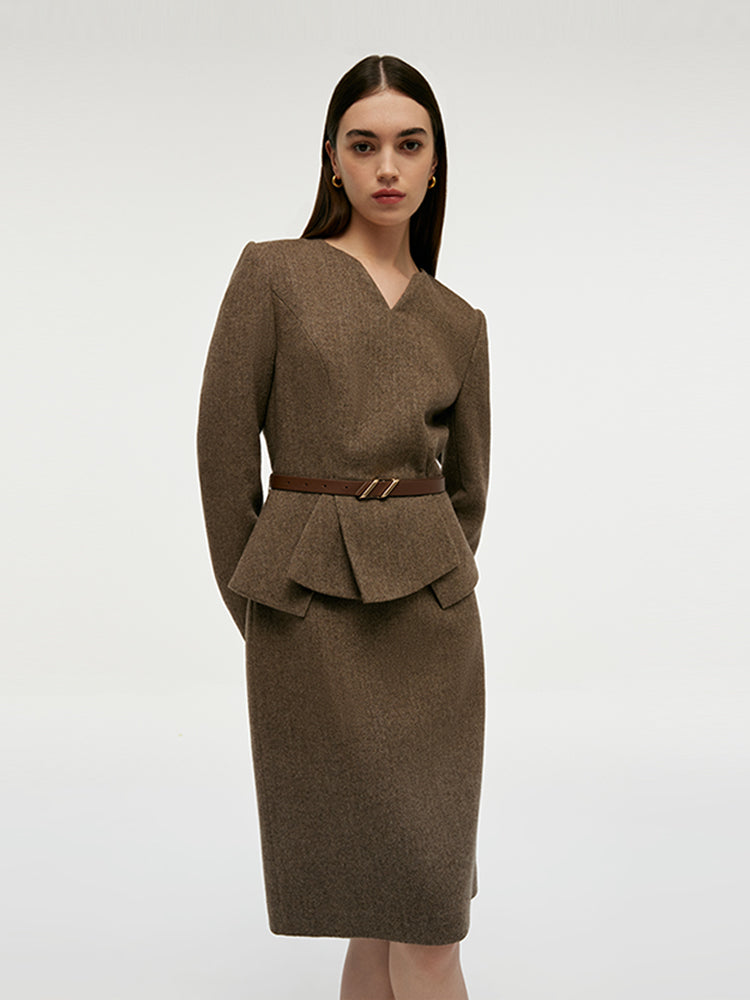 Washable Wool Faux-Layered Women Mini Dress With Belt