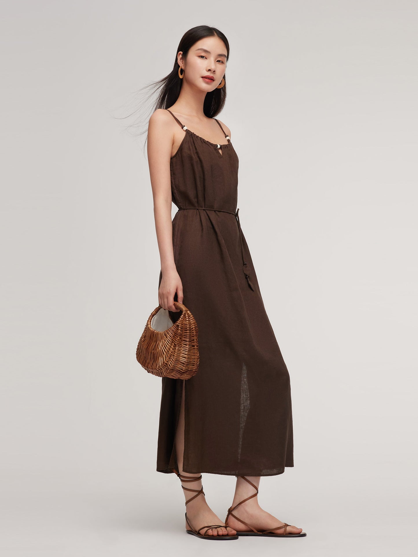 100% Linen Women Strap Maxi Dress With Tie String Belt