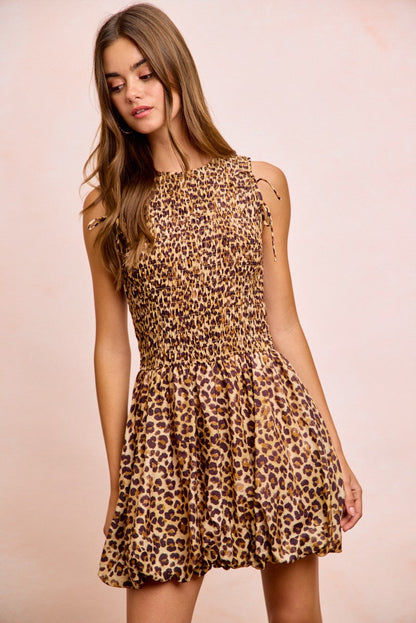 BiBi Leopard Bow Tie Attachable Puff Sleeves Dress