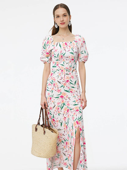 Silk Floral Print Women Midi Dress