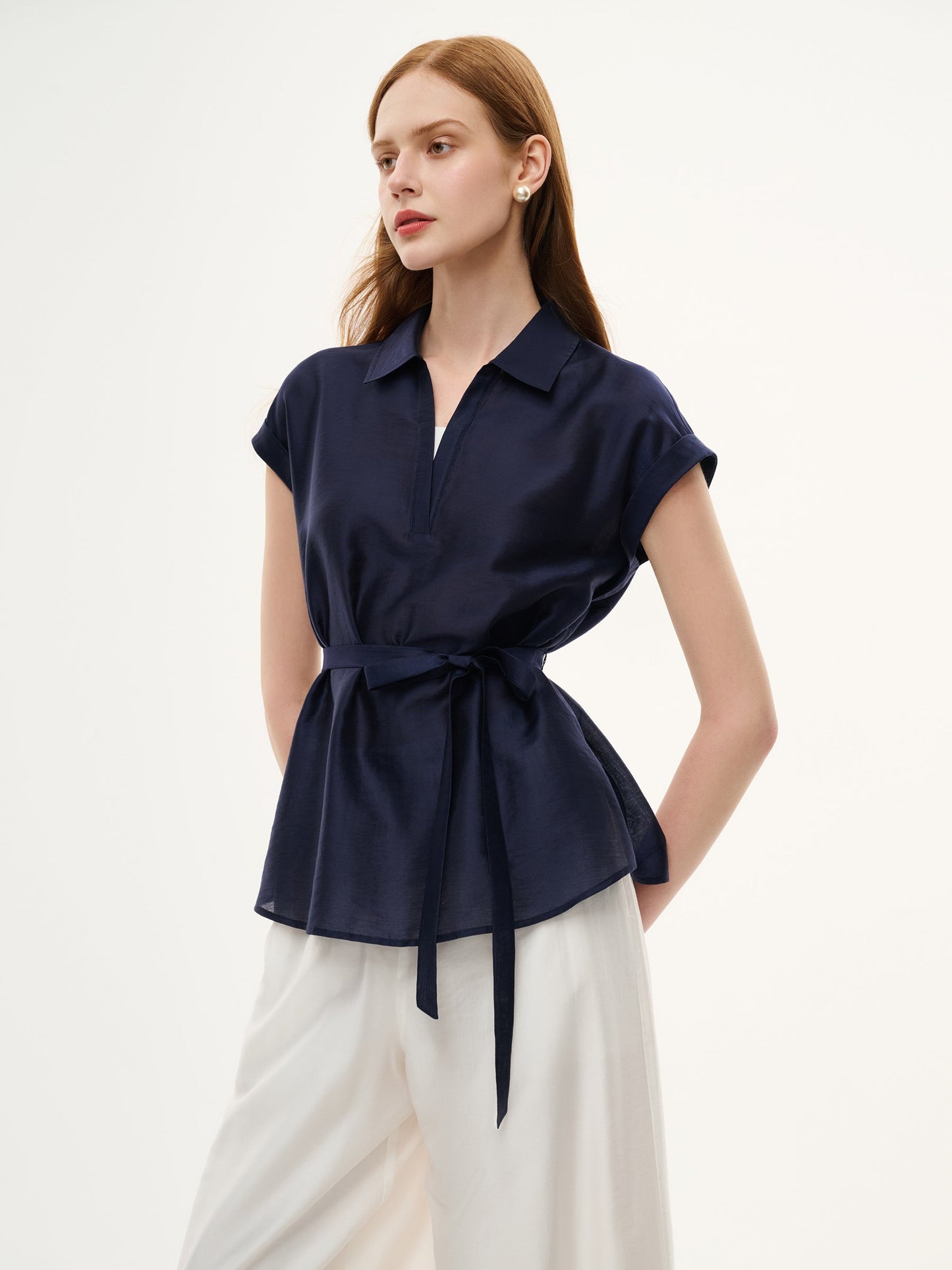Pre-Order Tencel Blend Belted Blouse And Pants Two-Piece Set