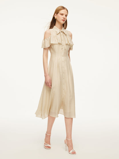 Tencel Acetate Linen Blend Cold Shoulder Women Maxi Dress