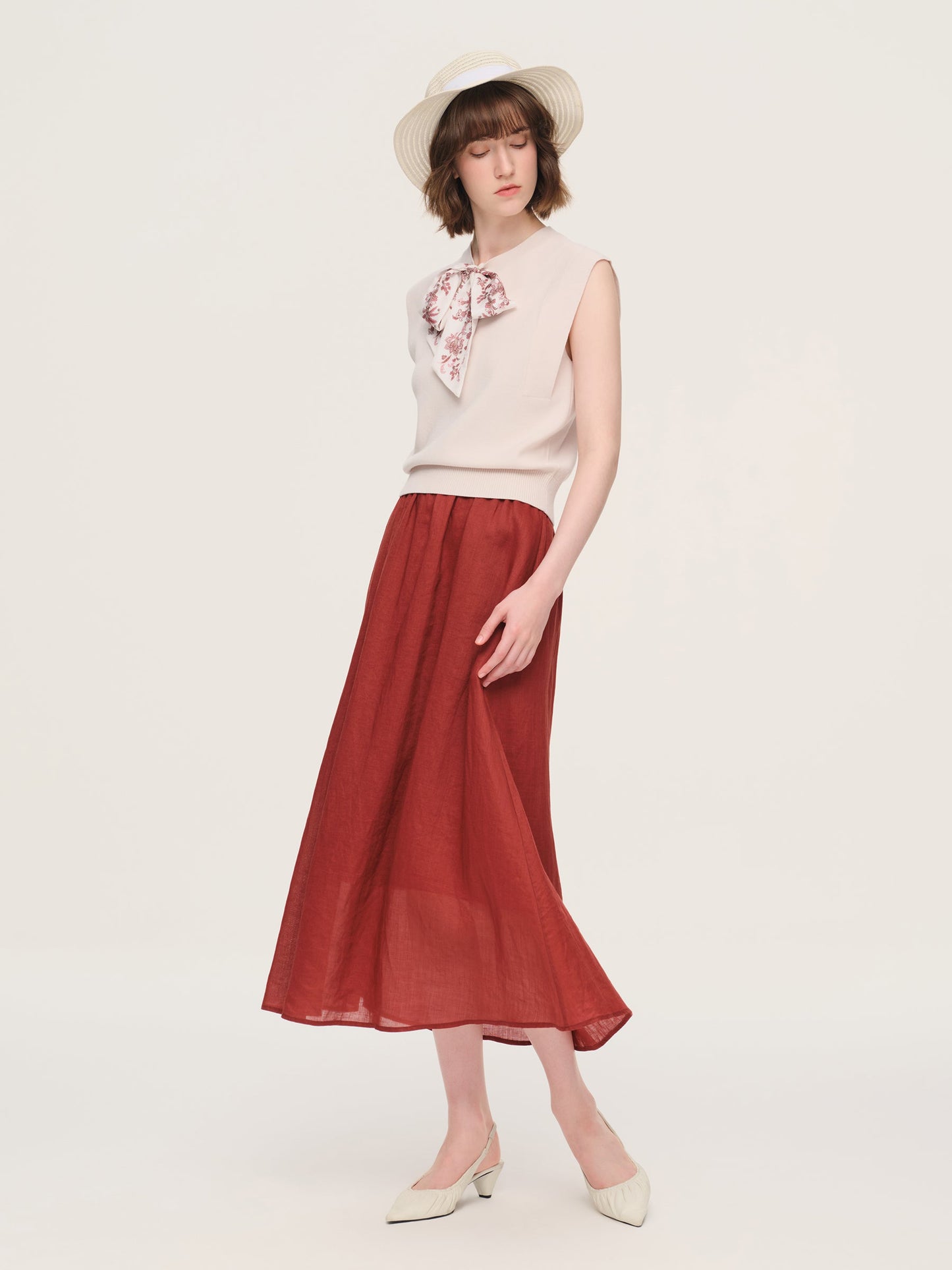 Cap Sleeve Knit Tank Top And 100% Ramie Skirt Two-Piece Set With Silk Scarf