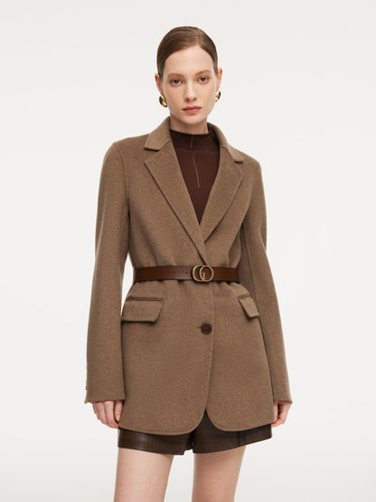 Cashmere Wool Blend Double-Faced Women Blazer With Leather Belt