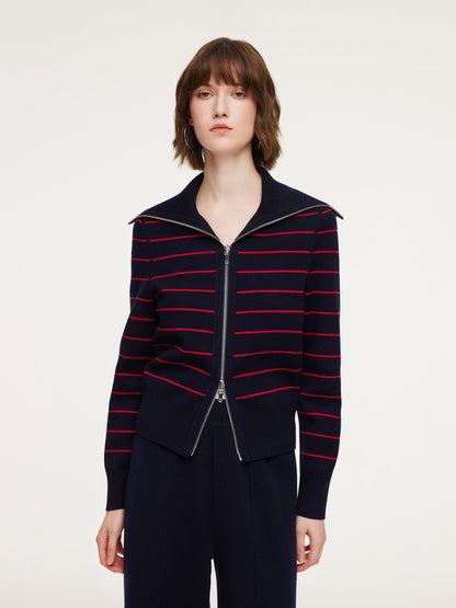 Lyocell Wool Blend Stripe Reversible Zip-Up Women Cardigan