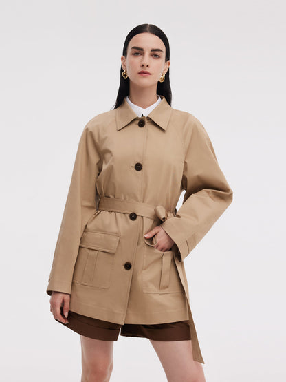 Cotton Adjustable Cuffs Self-Tie Belt Women Trench Coat