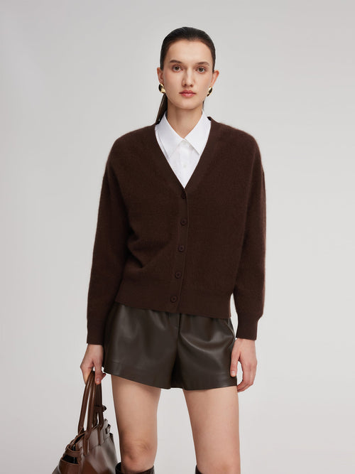 100% Brushed Wool V-Neck Women Cardigan