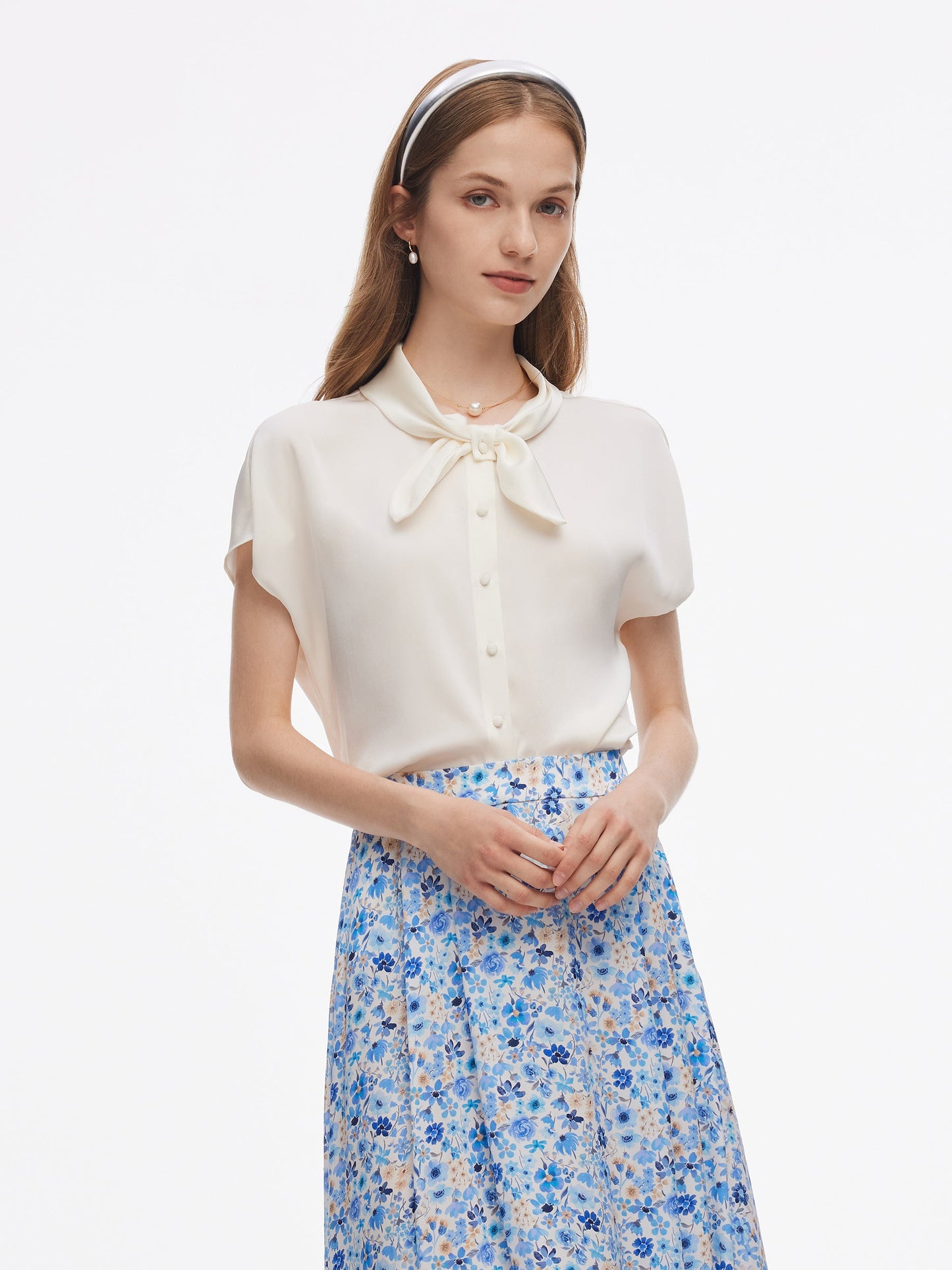 22MM Mulberry Silk Women Bow Tie Neck Shirt