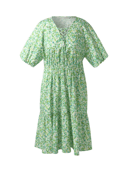 Cotton Floral Print Drawstring Front Women Mini Dress With Hairband