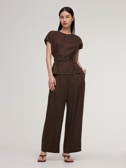 100% Linen Blouse And Pants Two-Piece Set