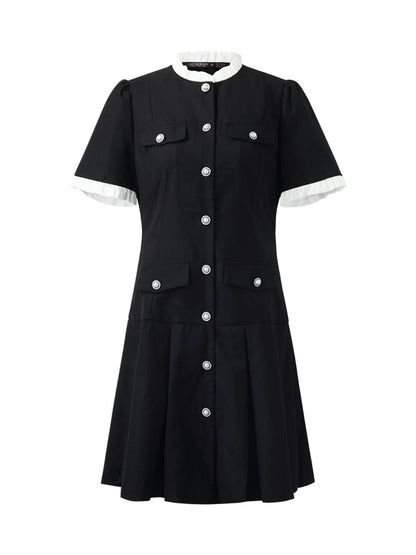 Ruffle Trim Pearl Buttons Women Mini Dress