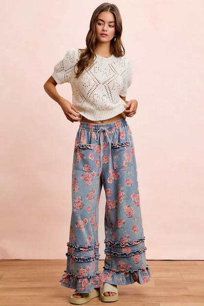BiBi Washed Floral Denim With Ruffle Elastic Wide Pants