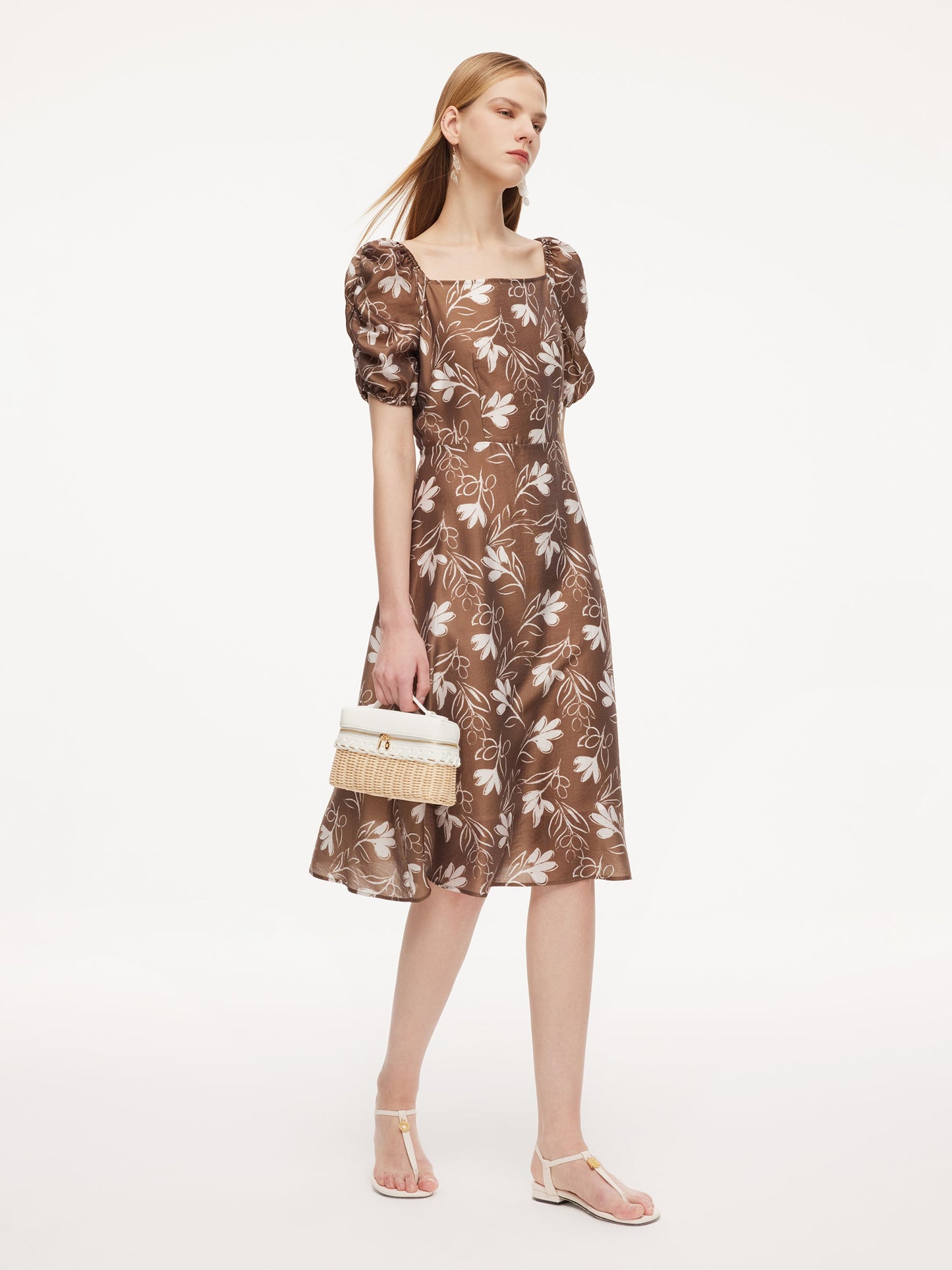 Tencel Blend Floral Print Square Neck Women Midi Dress