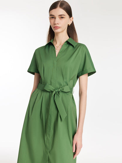Lapel V-Neck Women Midi Shirt Dress With Belt