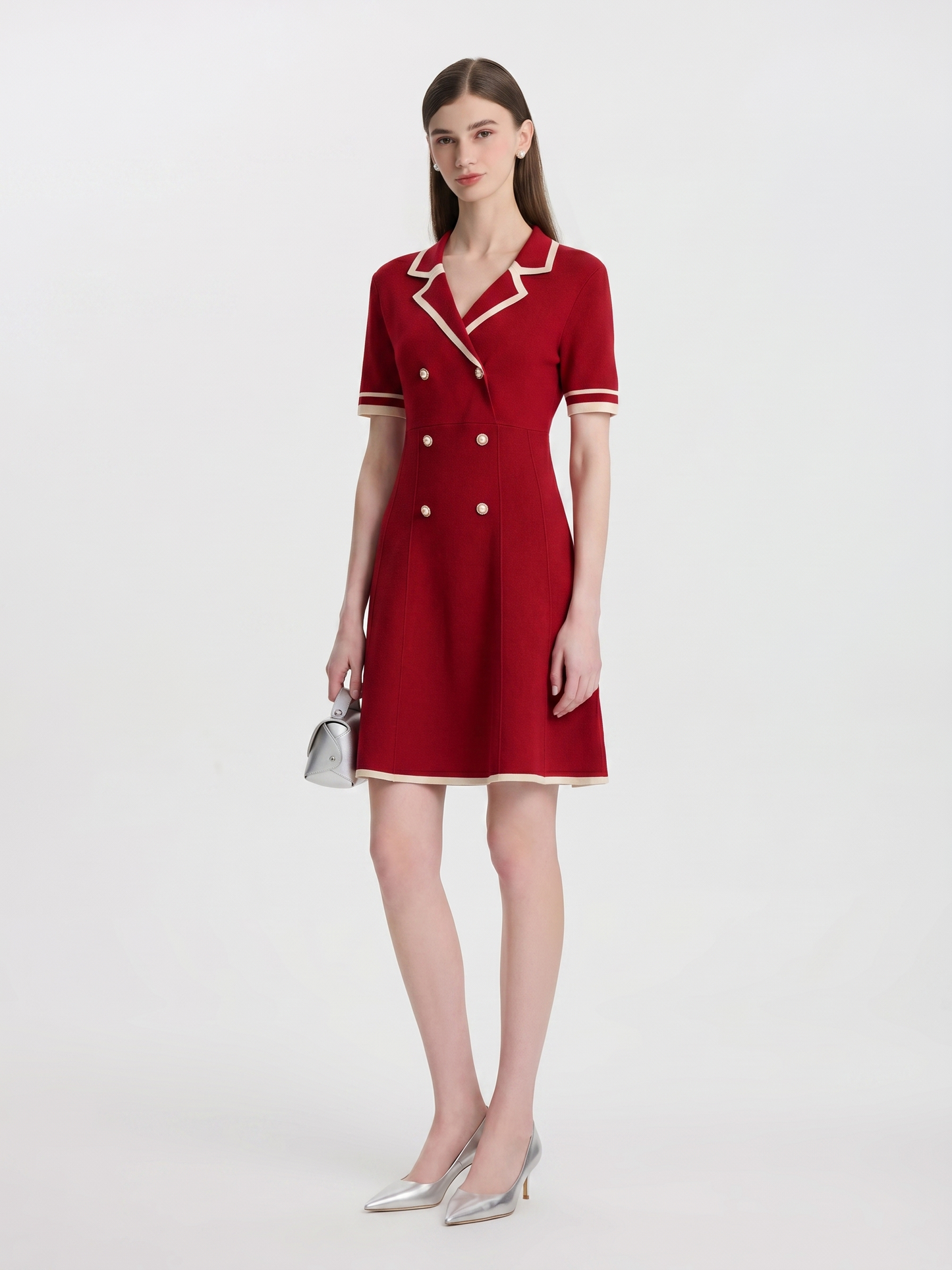 Tencel Blend Contrast Trim Women Lapel Knit Mini Dress