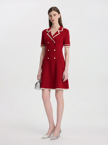 Tencel Blend Contrast Trim Women Lapel Knit Mini Dress