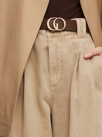 Cotton Denim Straight Wide Leg Women Folded Jeans With Belt