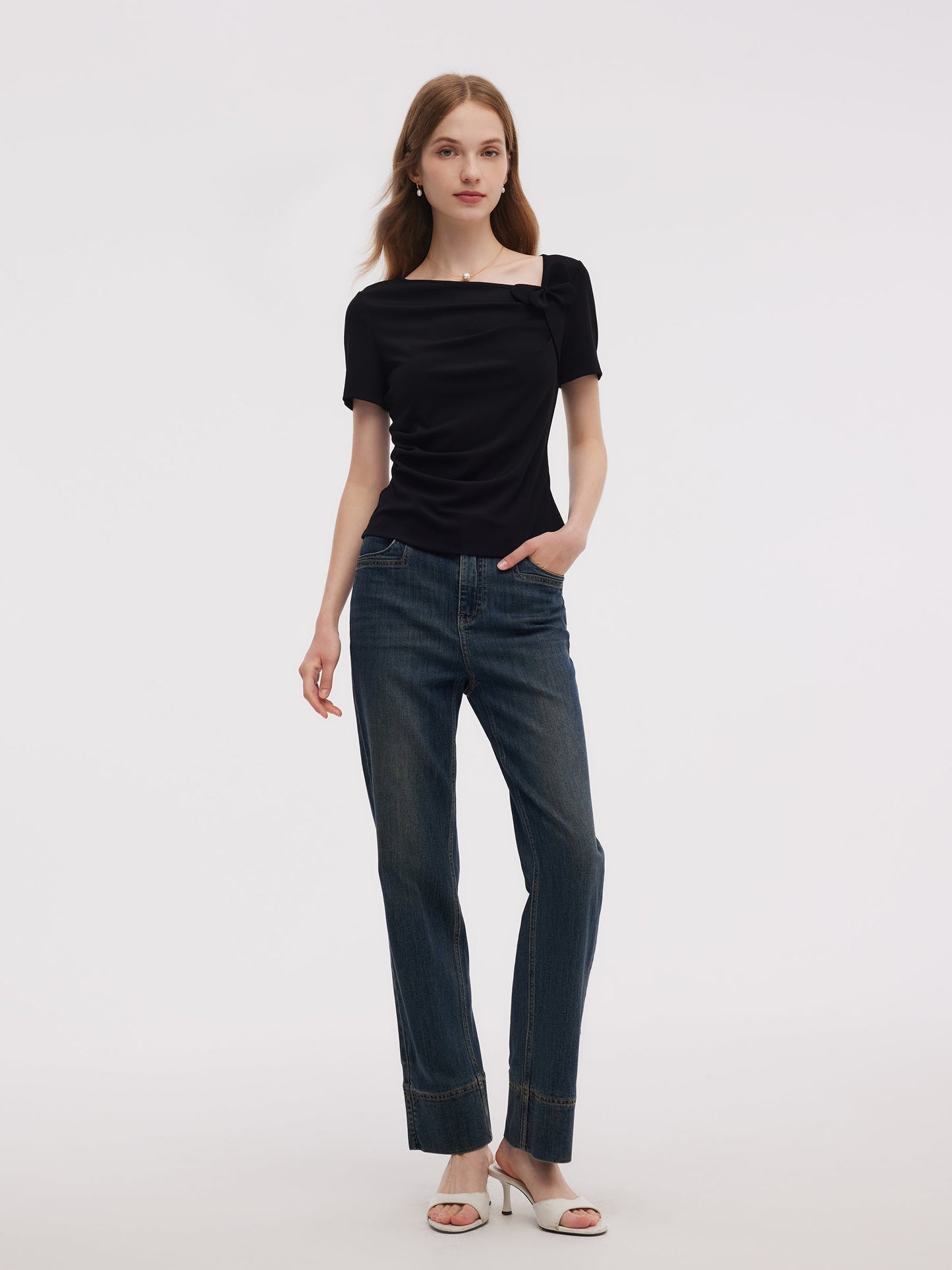 Acetate Blend Asymmetric Neckline Women T-Shirt