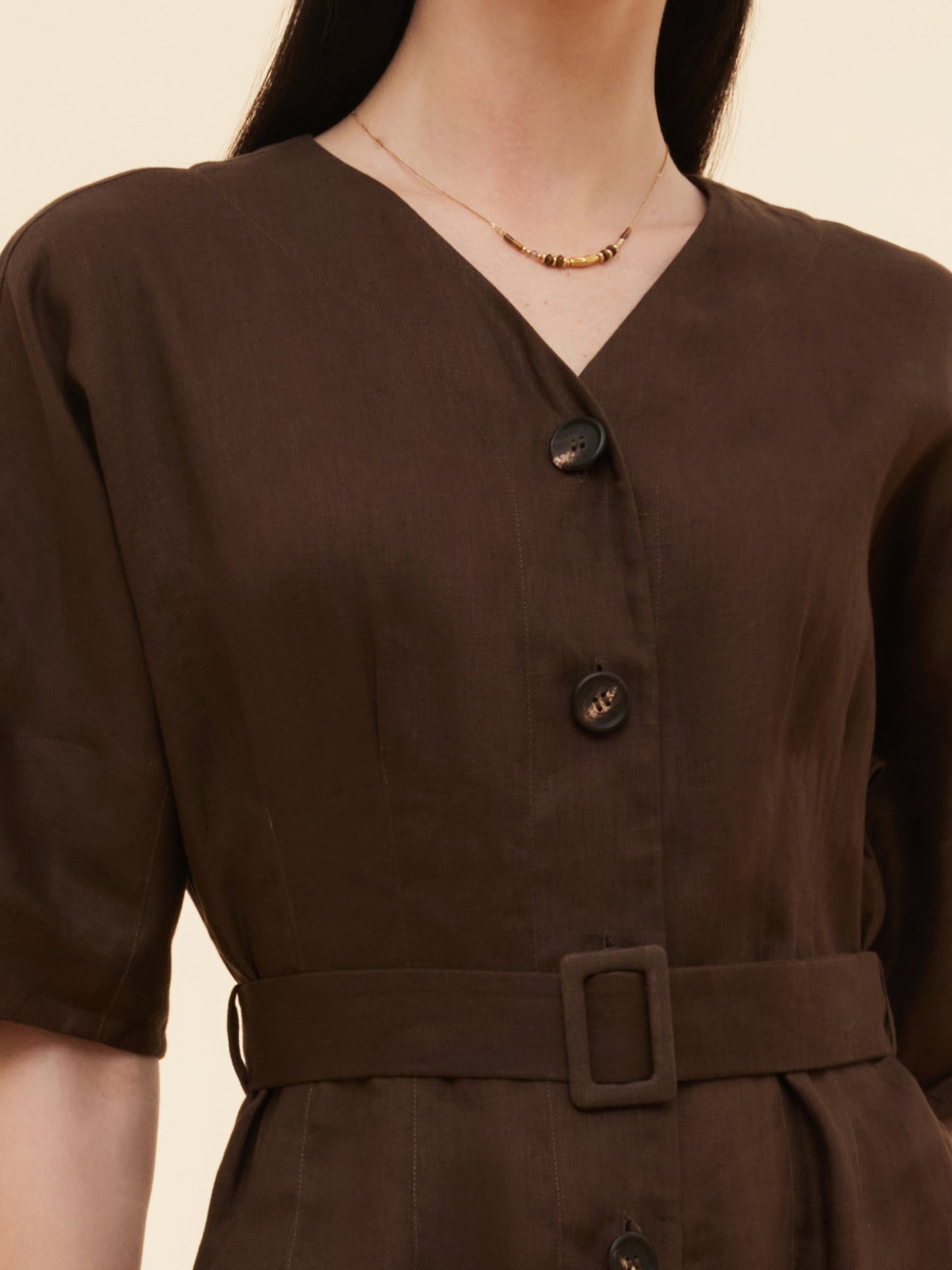 100% Linen Women V-Neck Midi Dress With Belt