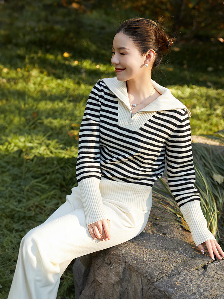 Oversized Collar Half-Zip Women Knit Top