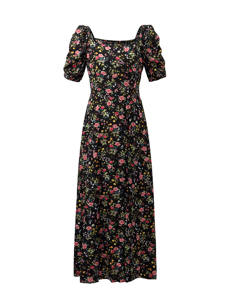 Mulberry Silk Rose Print Women Maxi Dress