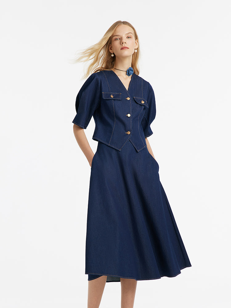 Denim V-Neck Top And Half Skirt Two-Piece Set