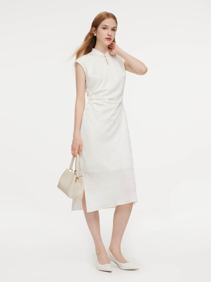 Jacquard Ruched Waist Women Qipao Maxi Dress