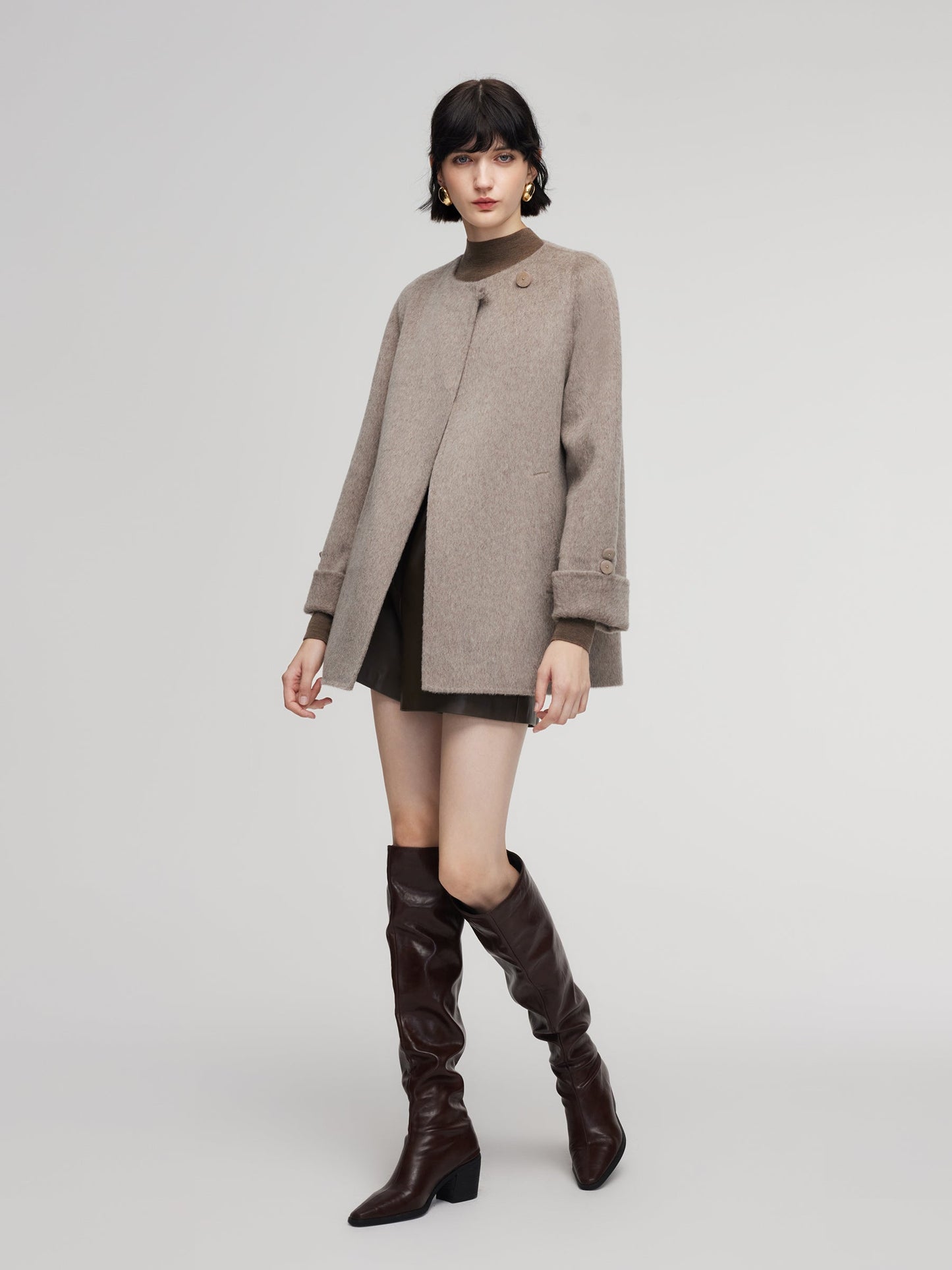 Alpaca Wool Blend Double-Faced Women Wrap Coat With Scarf