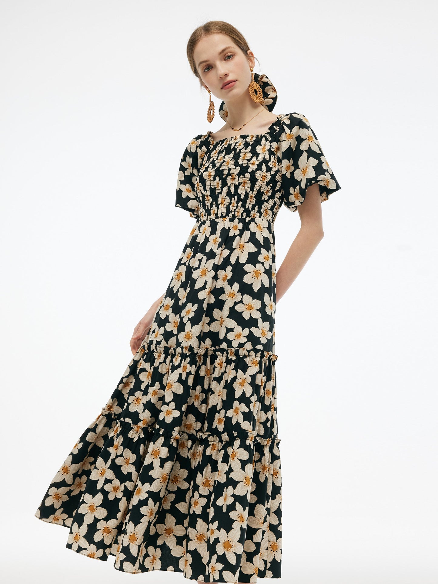 Cotton Stretch Floral Print Women Smocked Maxi Dress