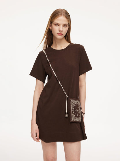 Round Neck Women Long T-Shirt With Crossbody Bag