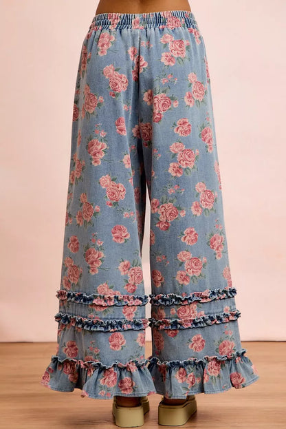 BiBi Washed Floral Denim With Ruffle Elastic Wide Pants