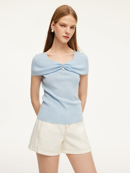 Lyocell Blend Off Shoulder Women Knit Top With Detachable Magnetic Flower
