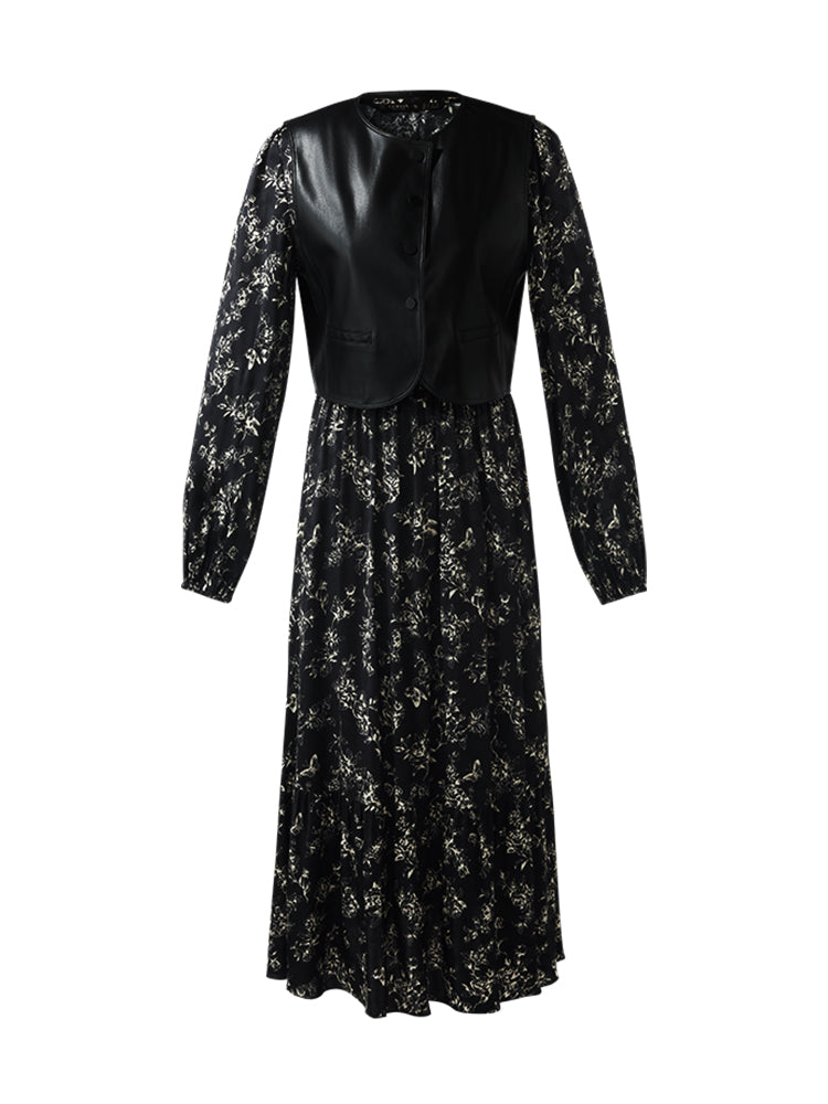 Eco-Friendly Fur Vest And Floral Print Dress Two-Piece Set