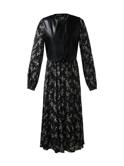 Eco-Friendly Fur Vest And Floral Print Dress Two-Piece Set
