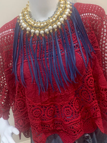 Pearl & Blue Leather Fringe Statement Necklace | Luxe Glam Collar by Sandra Ling Designs