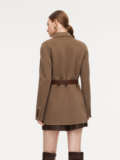 Cashmere Wool Blend Double-Faced Women Blazer With Leather Belt