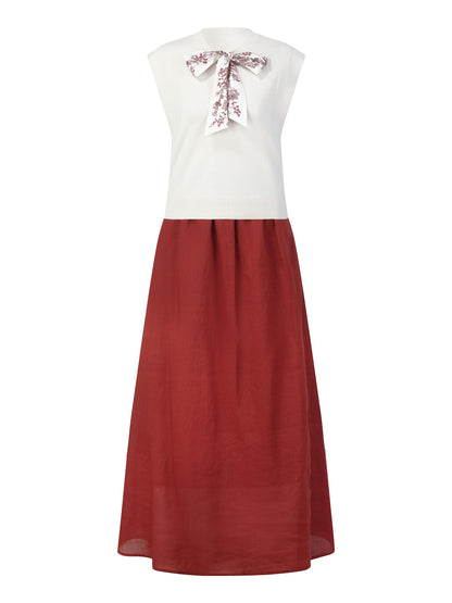 Cap Sleeve Knit Tank Top And 100% Ramie Skirt Two-Piece Set With Silk Scarf