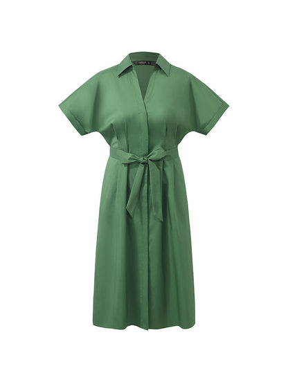 Lapel V-Neck Women Midi Shirt Dress With Belt