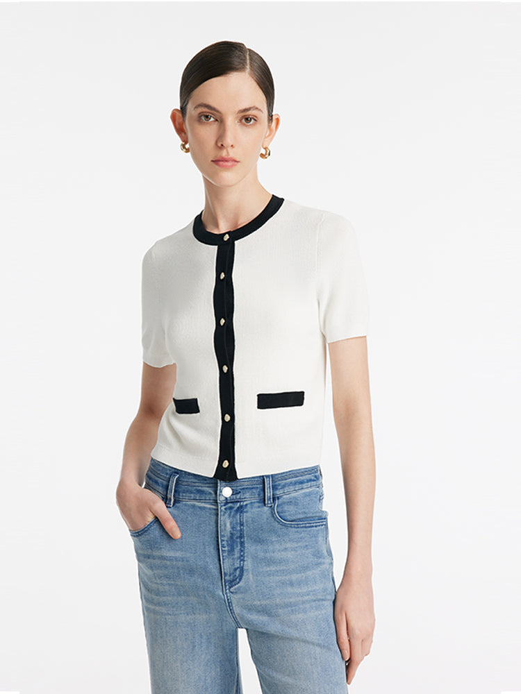 Contrast Trim Knitted Cardigan And Camisole Two-Piece Set
