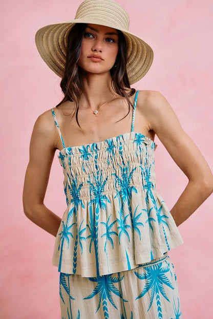 SO ME Palm Tree Smocked Bodice Adjustable Cami Top